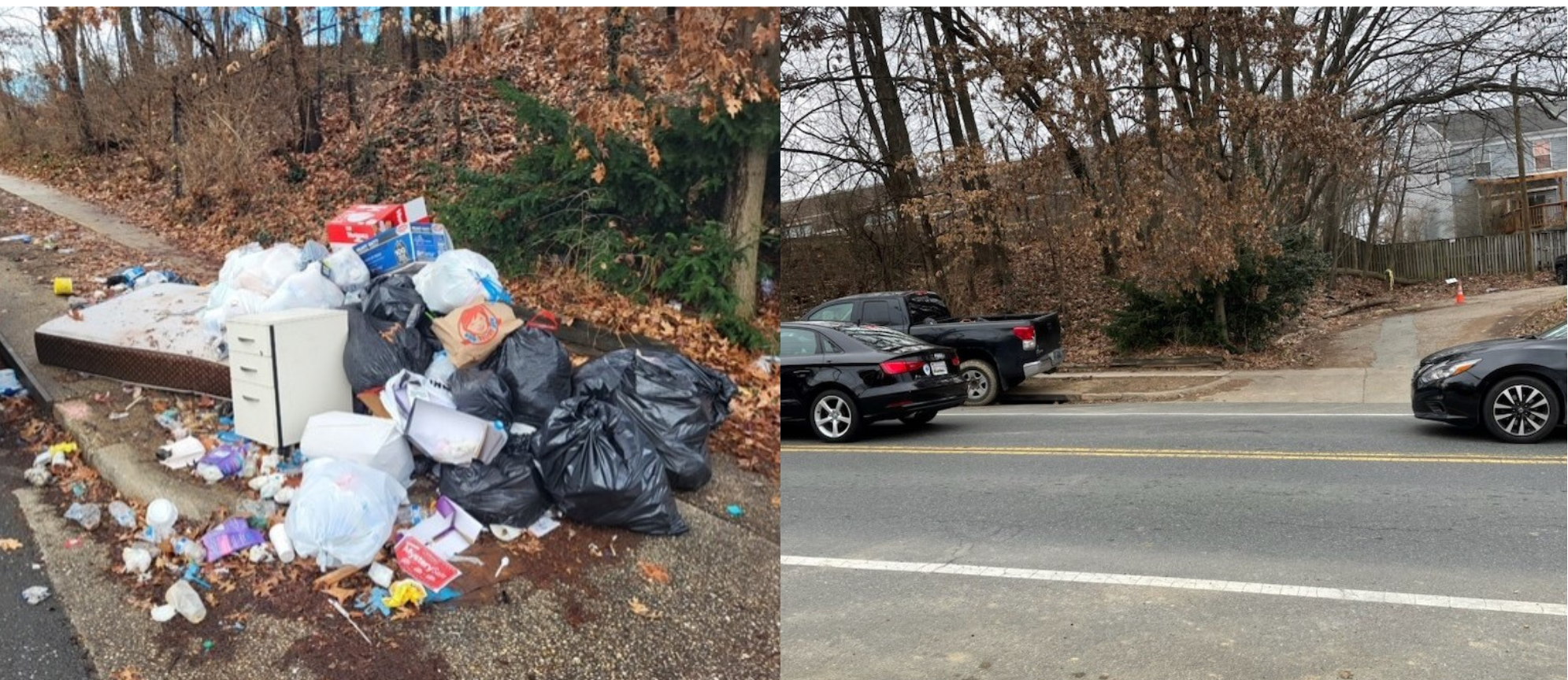 并排图片。左：路边堆放的垃圾。右：新放置的垃圾桶。